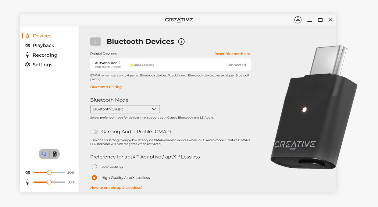 Creative BT-W6 Wireless Bluetooth 5.4 Transmitter support AptX Lossless Low Latency for PC Mac Gaming Consoles